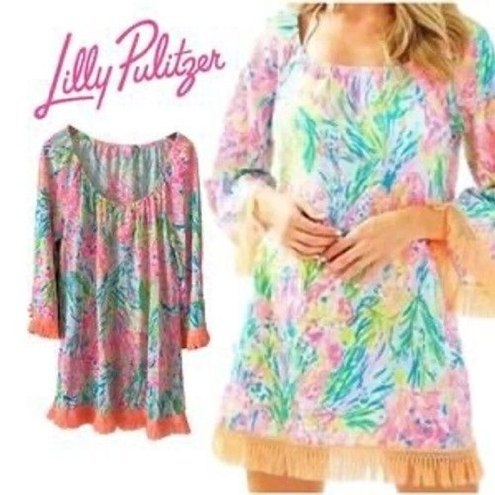 Lilly Pulitzer Linen Getaway Coverup Dress Pink Green Tropical Womens L‎ Fringe